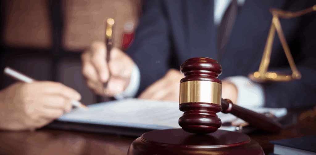 Gavel in foreground with legal professionals signing adoption documents, symbolizing Texas adoption processes and legal services.